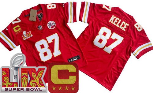 Youth Kansas City Chiefs #87 Travis Kelce Nike Limited Red C Patch Super Bowl LIX FUSE Vapor NFL Stitched Jersey