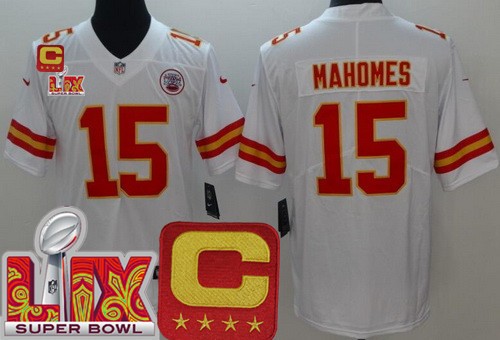 Youth Kansas City Chiefs #15 Patrick Mahomes Nike Limited White C Patch Super Bowl LIX Vapor NFL Stitched Jersey