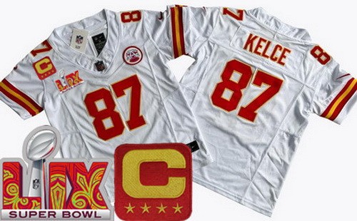 Youth Kansas City Chiefs #87 Travis Kelce Nike Limited White C Patch Super Bowl LIX FUSE Vapor NFL Stitched Jersey