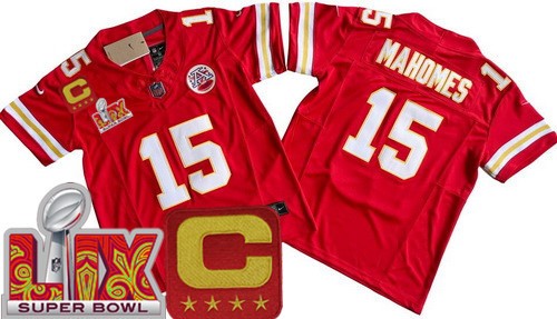 Youth Kansas City Chiefs #15 Patrick Mahomes Nike Limited Red C Patch Super Bowl LIX FUSE Vapor NFL Stitched Jersey