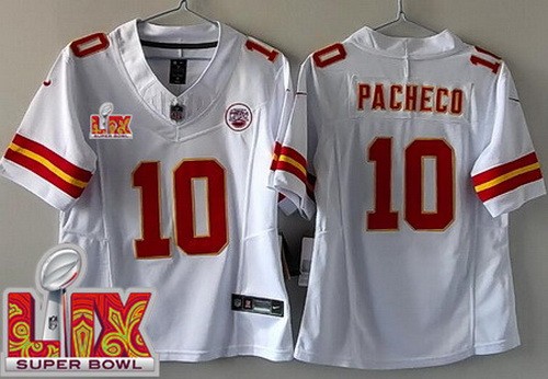 Women's Kansas City Chiefs #10 Isiah Pacheco Nike Limited White Super Bowl LIX FUSE Vapor NFL Stitched Jersey