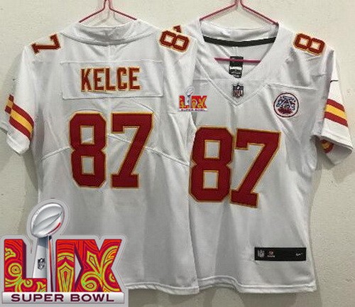 Women's Kansas City Chiefs #87 Travis Kelce Nike Limited White Super Bowl LIX Vapor NFL Stitched Jersey