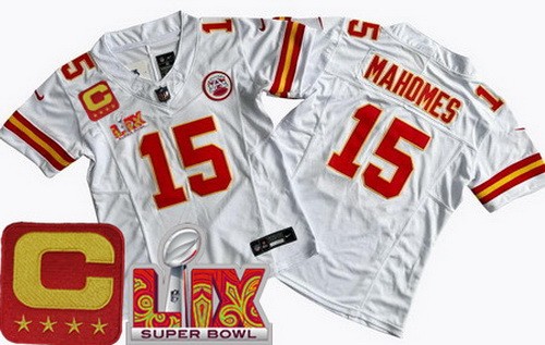 Women's Kansas City Chiefs #15 Patrick Mahomes Nike Limited White C Patch Super Bowl LIX FUSE Vapor NFL Stitched Jersey