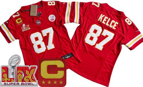 Women's Kansas City Chiefs #87 Travis Kelce Nike Limited Red C Patch Super Bowl LIX FUSE Vapor NFL Stitched Jersey