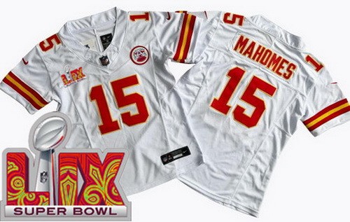 Women's Kansas City Chiefs #15 Patrick Mahomes Nike Limited White Super Bowl LIX FUSE Vapor NFL Stitched Jersey