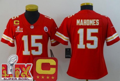 Women's Kansas City Chiefs #15 Patrick Mahomes Nike Limited Red C Patch Super Bowl LIX Vapor NFL Stitched Jersey