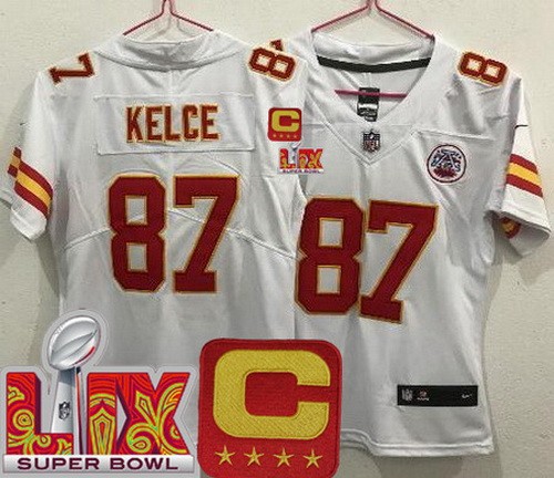 Women's Kansas City Chiefs #87 Travis Kelce Nike Limited White C Patch Super Bowl LIX Vapor NFL Stitched Jersey