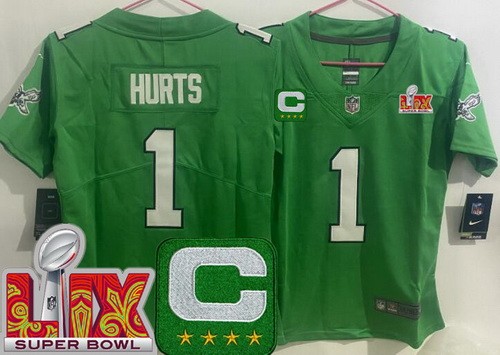 Women's Philadelphia Eagles #1 Jalen Hurts Nike Limited Kelly Green C Patch Super Bowl LIX Vapor NFL Stitched Jersey