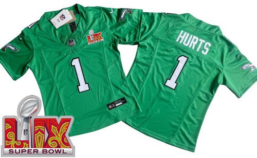 Women's Philadelphia Eagles #1 Jalen Hurts Nike Limited Kelly Green Super Bowl LIX Vapor FUSE NFL Stitched Jersey