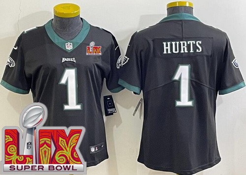 Women's Philadelphia Eagles #1 Jalen Hurts Nike Limited Black Super Bowl LIX Vapor NFL Stitched Jersey