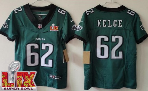 Women's Philadelphia Eagles #62 Jason Kelce Nike Limited Green Super Bowl LIX Vapor FUSE NFL Stitched Jersey