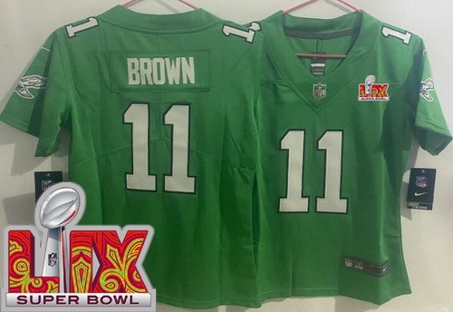 Women's Philadelphia Eagles #11 AJ Brown Nike Limited Kelly Green Super Bowl LIX Vapor NFL Stitched Jersey