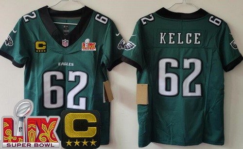 Women's Philadelphia Eagles #62 Jason Kelce Nike Limited Green C Patch Super Bowl LIX Vapor FUSE NFL Stitched Jersey