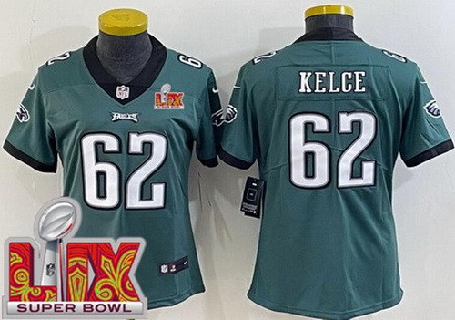 Women's Philadelphia Eagles #62 Jason Kelce Nike Limited Green Super Bowl LIX Vapor NFL Stitched Jersey