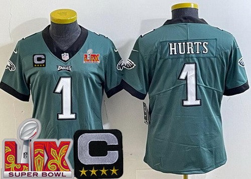 Women's Philadelphia Eagles #1 Jalen Hurts Nike Limited Green C Patch Super Bowl LIX Vapor NFL Stitched Jersey