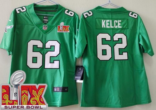 Women's Philadelphia Eagles #62 Jason Kelce Nike Limited Kelly Green Super Bowl LIX Vapor NFL Stitched Jersey