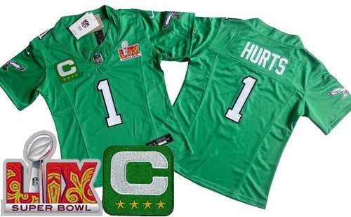 Women's Philadelphia Eagles #1 Jalen Hurts Nike Limited Kelly Green C Patch Super Bowl LIX Vapor FUSE NFL Stitched Jersey