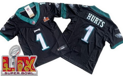 Youth Philadelphia Eagles #1 Jalen Hurts Nike Limited Black Super Bowl LIX Vapor FUSE NFL Stitched Jersey