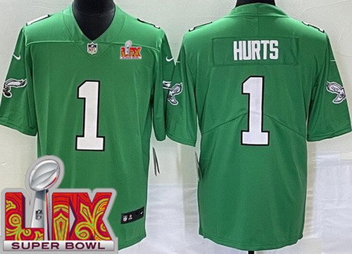 Youth Philadelphia Eagles #1 Jalen Hurts Nike Limited Kelly Green Super Bowl LIX Vapor NFL Stitched Jersey