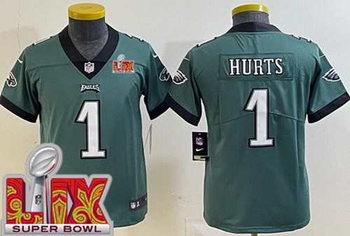 Youth Philadelphia Eagles #1 Jalen Hurts Nike Limited Green Super Bowl LIX Vapor NFL Stitched Jersey