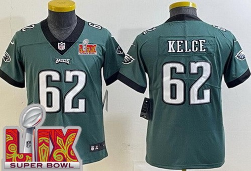 Youth Philadelphia Eagles #62 Jason Kelce Nike Limited Green Super Bowl LIX Vapor NFL Stitched Jersey