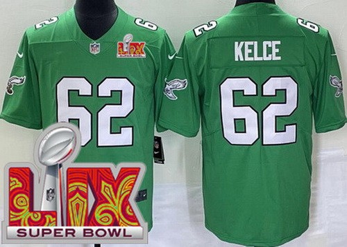 Youth Philadelphia Eagles #62 Jason Kelce Nike Limited Kelly Green Super Bowl LIX Vapor NFL Stitched Jersey