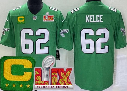 Youth Philadelphia Eagles #62 Jason Kelce Nike Limited Kelly Green C Patch Super Bowl LIX Vapor NFL Stitched Jersey