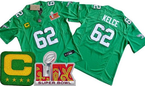 Youth Philadelphia Eagles #62 Jason Kelce Nike Limited Kelly Green C Patch Super Bowl LIX Vapor FUSE NFL Stitched Jersey