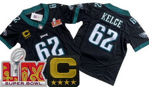 Youth Philadelphia Eagles #62 Jason Kelce Nike Limited Black C Patch Super Bowl LIX Vapor FUSE NFL Stitched Jersey