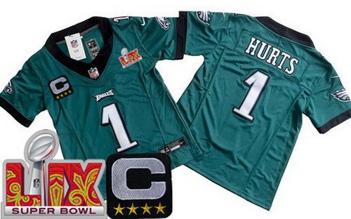 Youth Philadelphia Eagles #1 Jalen Hurts Nike Limited Green C Patch Super Bowl LIX Vapor FUSE NFL Stitched Jersey