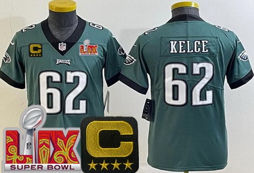 Youth Philadelphia Eagles #62 Jason Kelce Nike Limited Green C Patch Super Bowl LIX Vapor NFL Stitched Jersey