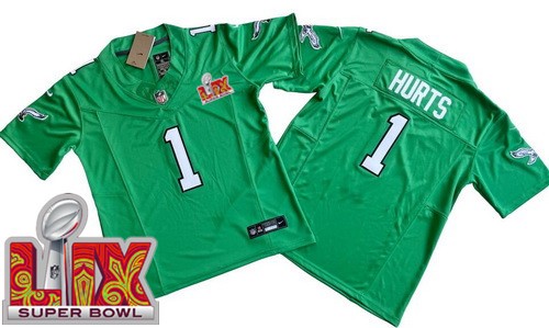 Youth Philadelphia Eagles #1 Jalen Hurts Nike Limited Kelly Green Super Bowl LIX Vapor FUSE NFL Stitched Jersey