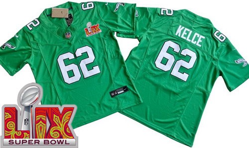 Youth Philadelphia Eagles #62 Jason Kelce Nike Limited Kelly Green Super Bowl LIX Vapor FUSE NFL Stitched Jersey