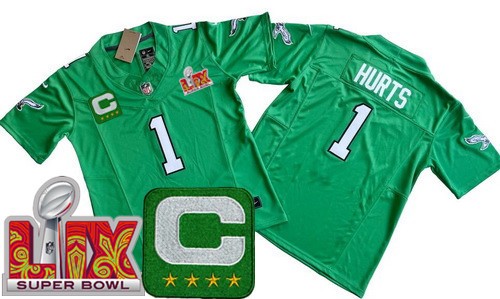 Youth Philadelphia Eagles #1 Jalen Hurts Nike Limited Kelly Green C Patch Super Bowl LIX Vapor FUSE NFL Stitched Jersey