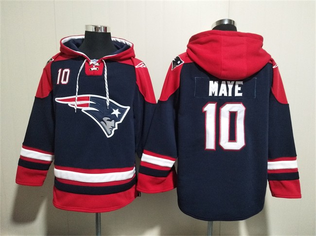 Men's New England Patriots #10 Drake Maye Navy Ageless Must-Have Lace-Up Pullover Hoodie