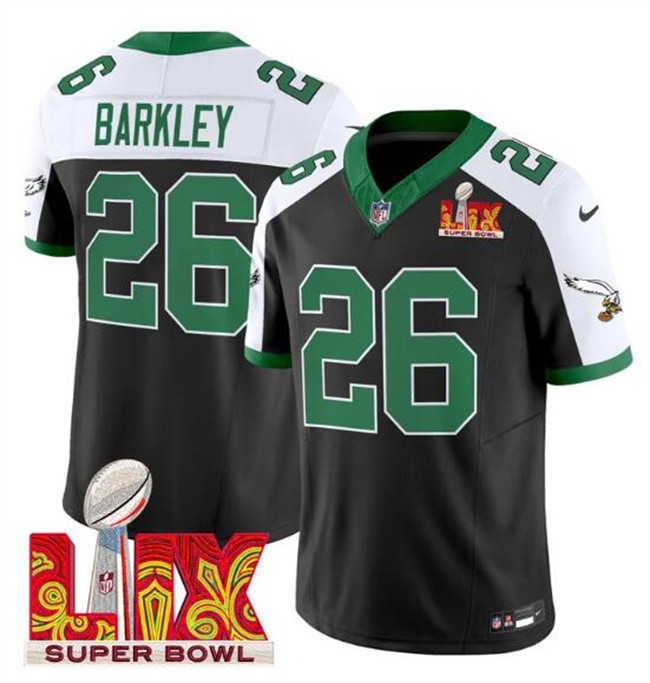 Men's Philadelphia Eagles #26 Saquon Barkley Black/White 2025 Super Bowl LIX Patch F.U.S.E. Vapor Untouchable Limited Stitched Football Jersey