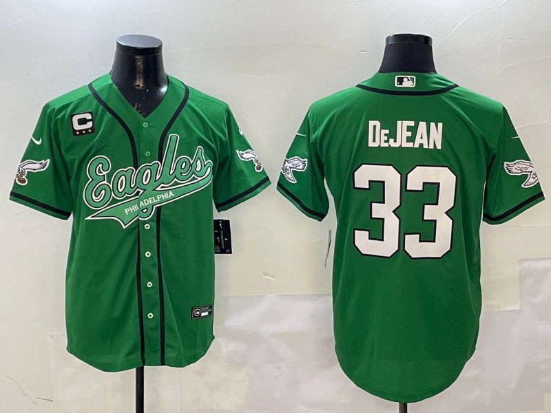 Men's Philadelphia Eagles #33 Cooper DeJean Kelly Green 3-Star C Patch Cool Base Stitched Baseball Jersey