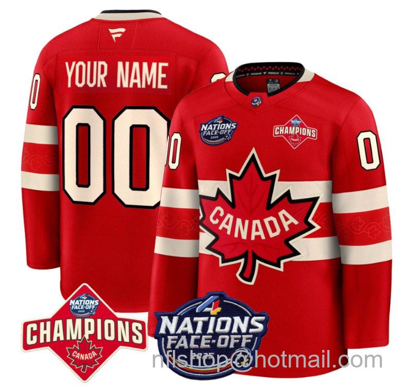 Men's Canada Custom Red 4 Nations Face-Off 2025 Champions Patch Stitched Hockey Jersey