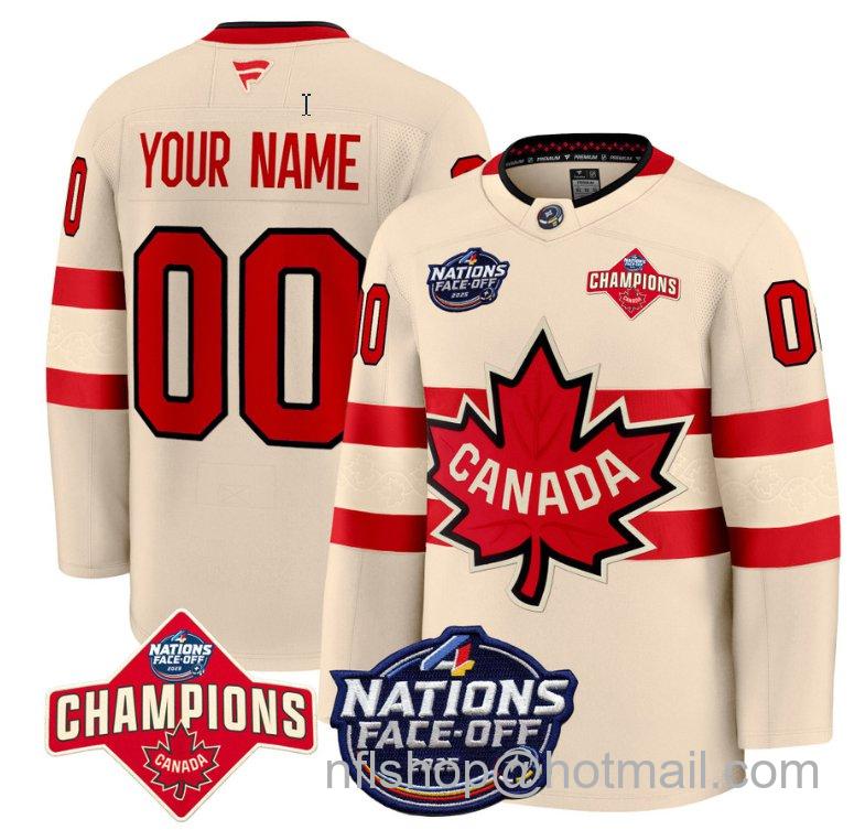 Men's Canada Custom Cream 4 Nations Face-Off 2025 Champions Stitched Hockey Jersey