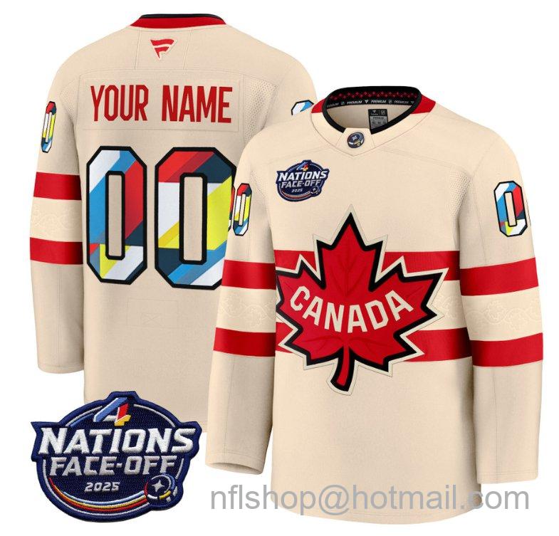 Men's Canada Custom V2 Cream 4 Nations Face-Off 2025 Premium Stitched Hockey Jersey