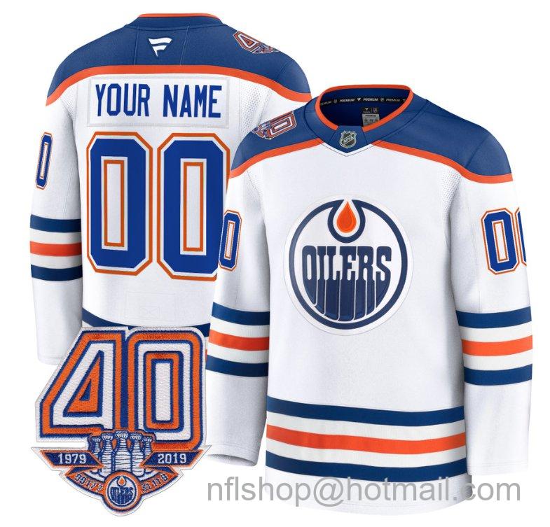 Men's Edmonton Oilers Custom White Away 40th Anniversary Patch Premium Stitched Hockey Jersey