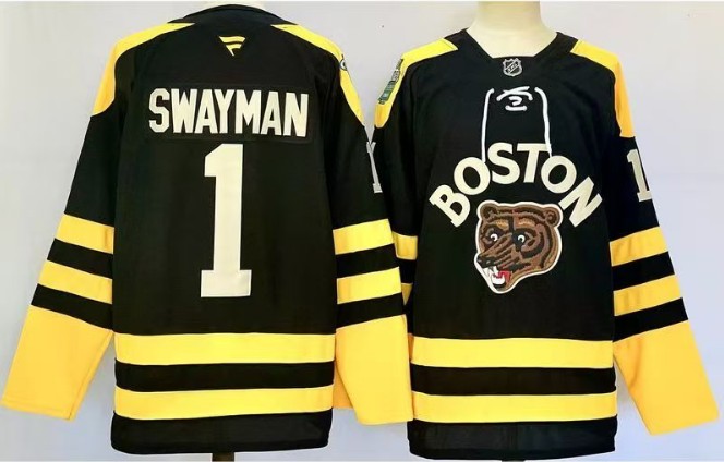 Men's Boston Bruins #1 Jeremy Swayman Black Winter Classic Primegreen Stitched Hockey Jersey