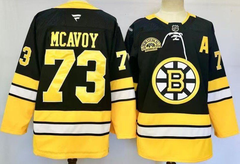 Men's Boston Bruins #73 Charlie McAvoy Black 100th Anniversary and A Patch Stitched Hockey Jersey