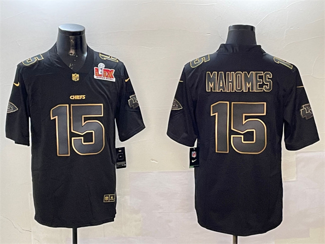 Men's Kansas City Chiefs #15 Patrick Mahomes Black_Gold 2025 Super Bowl LIX Patch Vapor Limited Stitched Football Jersey