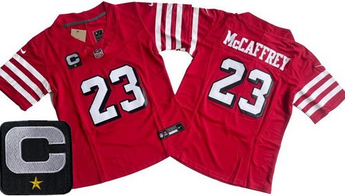 Women's San Francisco 49ers #23 Christian McCaffrey Limited Red Throwback C Patch FUSE Vapor Jersey