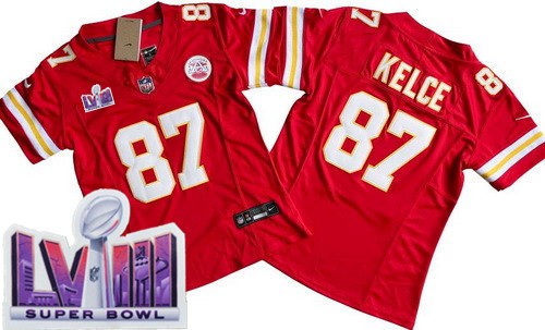 Women's Kansas City Chiefs #87 Travis Kelce Limited Red LVIII Super Bowl FUSE Vapor Jersey