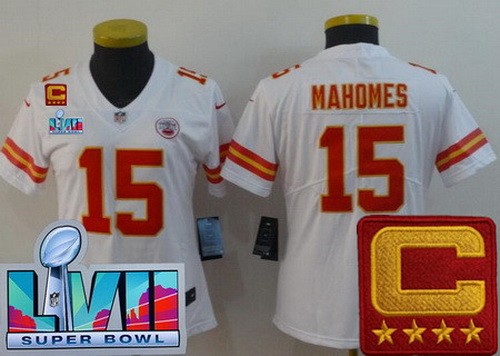 Women's Kansas City Chiefs #15 Patrick Mahomes II Limited White C Patch Super Bowl LVII Vapor Jersey