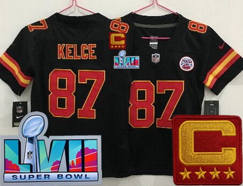 Women's Kansas City Chiefs #87 Travis Kelce Limited Black C Patch Super Bowl LVII Vapor Jersey