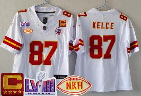 Women's Kansas City Chiefs #87 Travis Kelce Limited White NKH C Patch LVIII Super Bowl FUSE Vapor Jersey