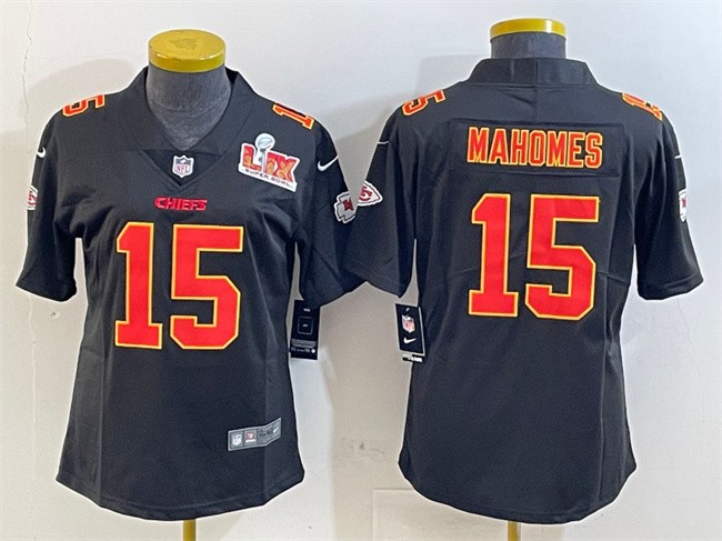 Youth Kansas City Chiefs #15 Patrick Mahomes Black 2025 Super Bowl LIX Patch Vapor Untouchable Limited Stitched Football Jersey